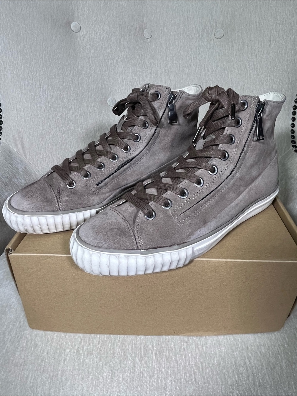 John Varvatos Gray Taupe Suede High-Top Sneakers